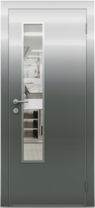 Гладкая одностворчатая остекленная дверь из нержавеющей стали ZEUS Модель №1