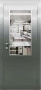Гладкая одностворчатая остекленная дверь из нержавеющей стали ZEUS Модель №7